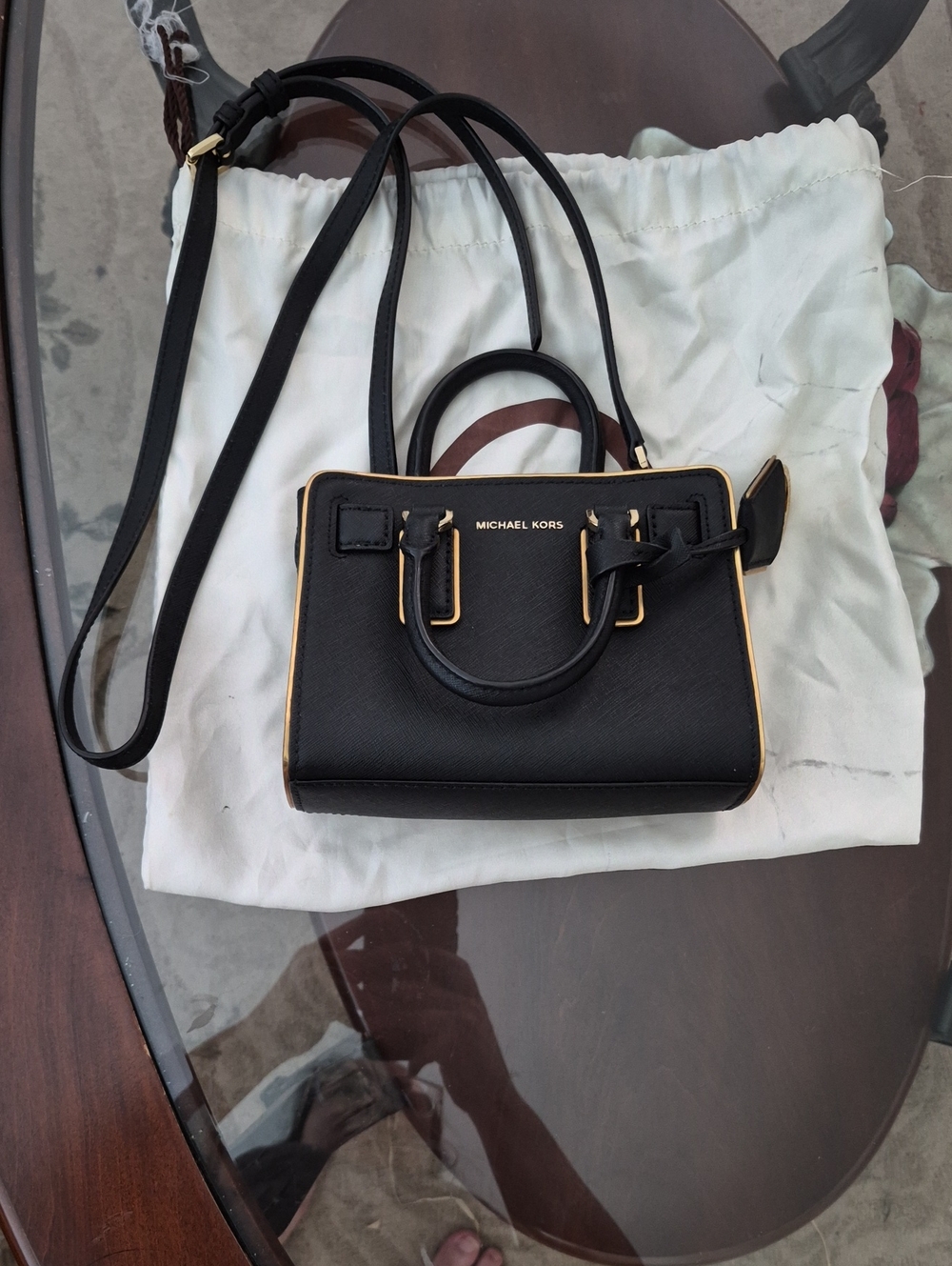Michael Kors Black Mini Saffiano Crossbody Satchel with Gold Trim